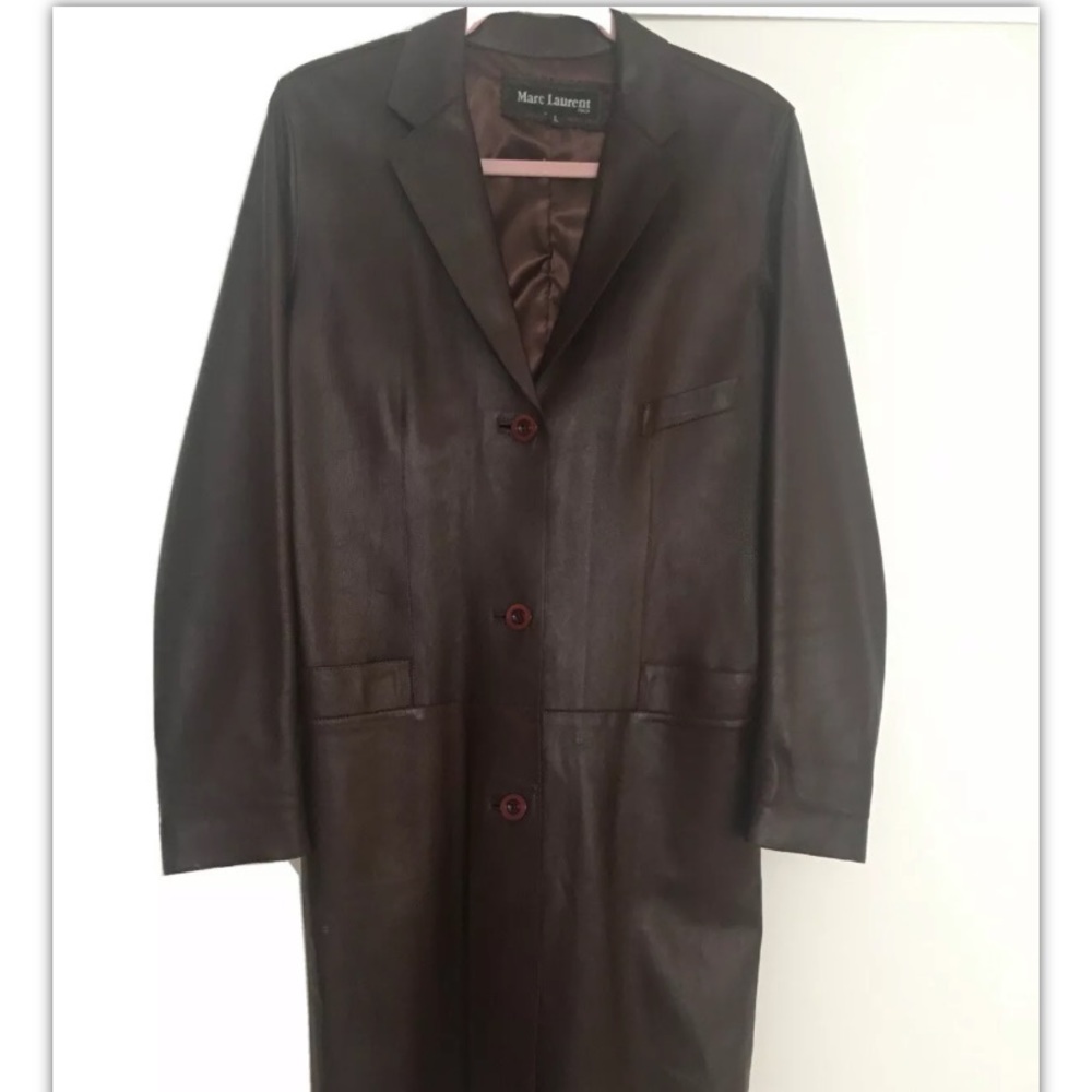 Marc Laurent Italy Womens Leather Coat dark brown full length soft beautiful L